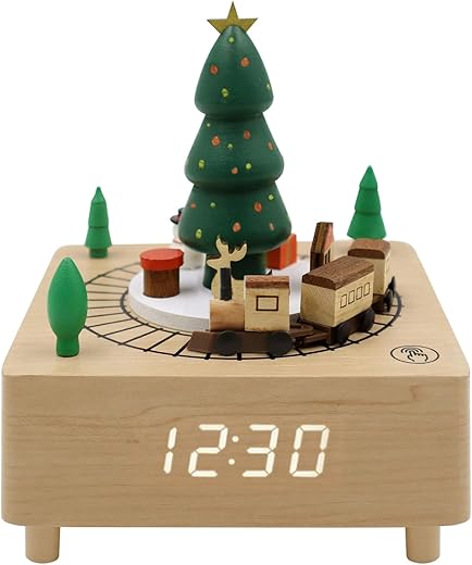 OCT17 Christmas Wooden Music Box Alarm Clock,Christmas Train Musical Box Toy Birthday Present for Boys Girls,LED Alarm Digital Desk Clock Adjustable Brightness,Alarm Time, Displays Time