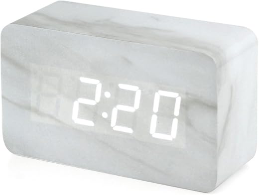 OCT17 Marble Pattern Alarm Clock, Fashion Multi-Function LED Digital Alarm Clocks Stone Cube with USB Power Supply, Voice Control, Timer, Thermometer - White