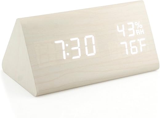 OCT17 Wooden Alarm Clock, Wood Alarm Clock Smart LED Digital Clock for Bedroom/desks, Upgraded with Time Temperature, Adjustable Brightness and Voice Control, Humidity Displaying - White