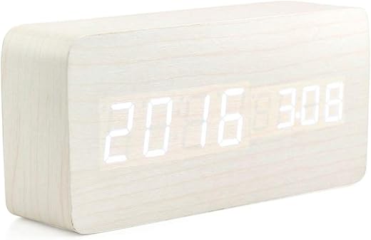 OCT17 Wooden Digital Alarm Clock, Multi-Function Smart Alarm Clock, LED Light Alarm Clock with USB Power Supply, Voice Control, Thermometer - White