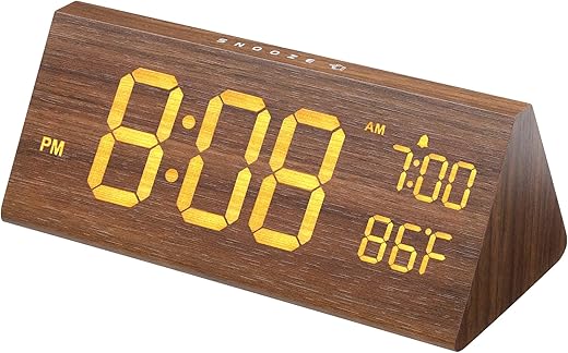 OCT17 Wooden Digital Alarm Clocks for Bedrooms,Electric Desk Clock with Large Numbers,Temperature Detect,USB Port,Adjustable Volume, Dimmer,Snooze,Wood Décor(Brown)