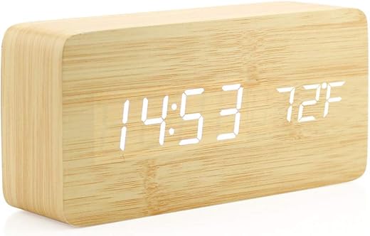 OCT17 Wooden Digital Alarm Clock, Wood Fashion Multi-Function LED Alarm Clock with USB Power Supply, Voice Control, Timer, Thermometer - Bamboo