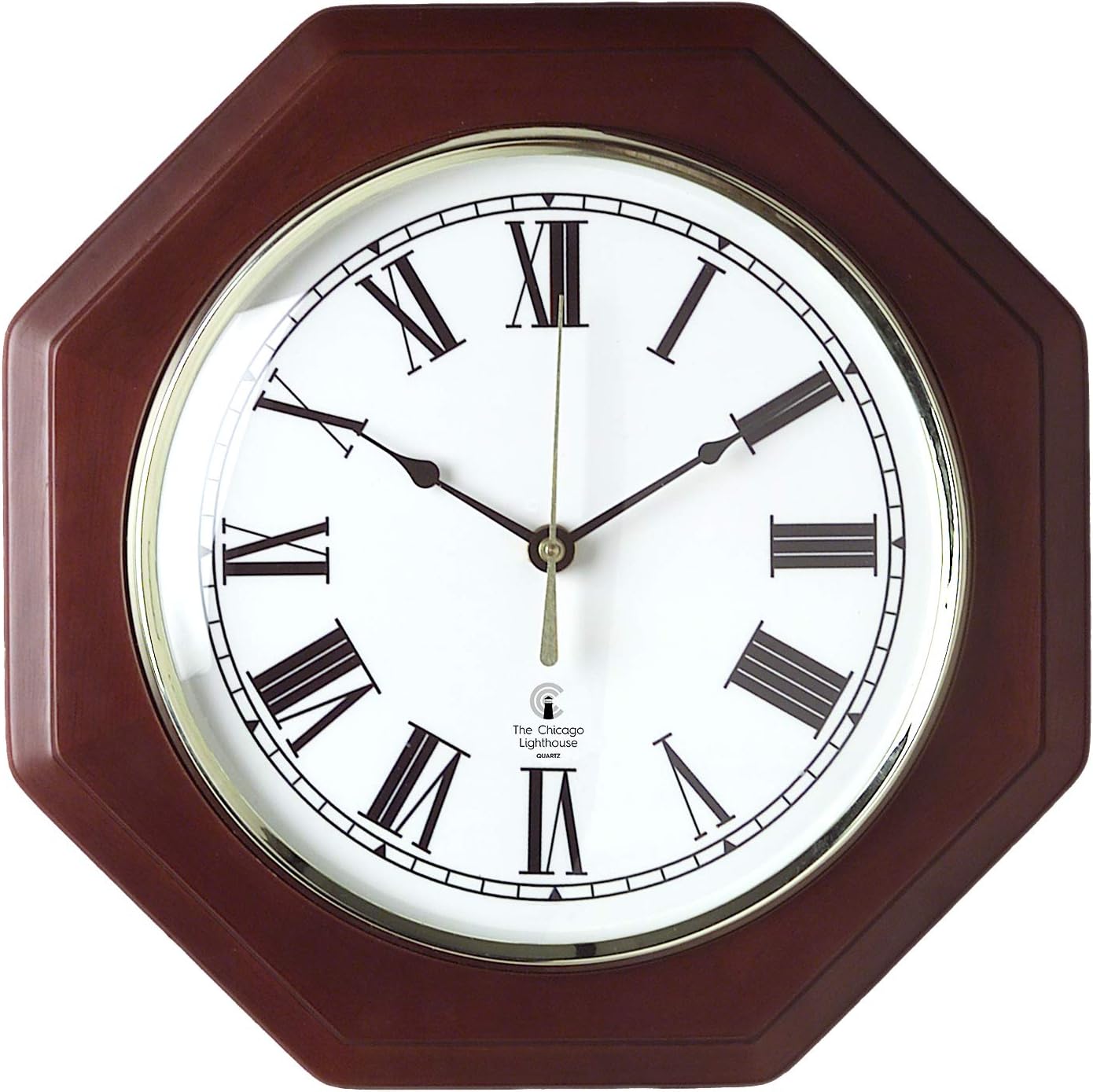 Octagon Quiet Wall Clock, 12 Inch, Mahogany