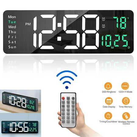 OhhGo 16.2 Inch Large Digital Wall Clock with Remote Control, LED Digital Clock for Living Room Decor, Automatic Brightness Dimmer with Date Week Temperature