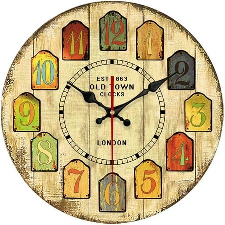 Old Fashion 14 Inch Vintage Wood Wall Clock Tuscan Style Mdf Wooden Wall Clock Waterproof For Home Living Room Bedroom Decoration