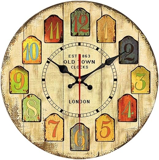 Old Fashion 14 Inch Vintage Wood Wall Clock Tuscan Style MDF Wooden Wall Clock Waterproof for Home Living Room Bedroom Decoration