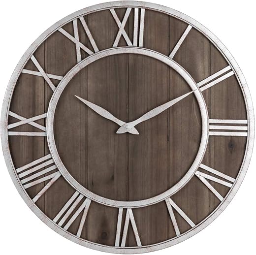 Oldtown Farmhouse Metal & Solid Wood Noiseless Wall Clock (Dark Brown, 18-inch)