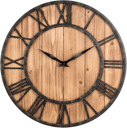 Oldtown Farmhouse Metal & Solid Wood Noiseless Wall Clock (Wood, 24-inch)