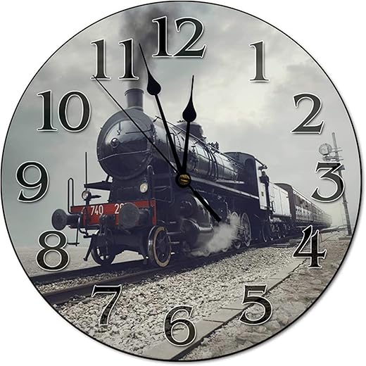 Old Train Clock Living Room Clock 10 Inch Wall Clock Silent Non-Ticking Wooden Wall Clocks Battery Operated Farmhouse Wall Decor Home Decor for Kitchen Home Bedroom