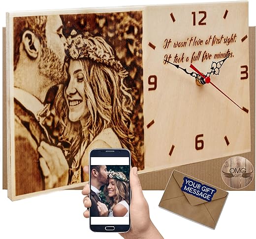 OMGGIFT Personalized Wood Burned Photo Clock - Traditional Gifts for 5 Year Anniversary for Her - Memorable Gifts - Custom Wooden Photo Gifts - Romantic Gifts