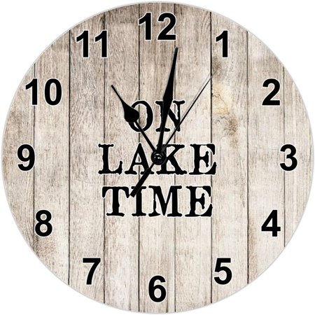 On Lake Time Wall Clock Country Retirement Clock Boards Wood Grain Large Wooden Wall Clocks Battery Operated 10 Inch Silent Rustic Cabin Wall Home Decor For Home Kitchen Office School Bathroom