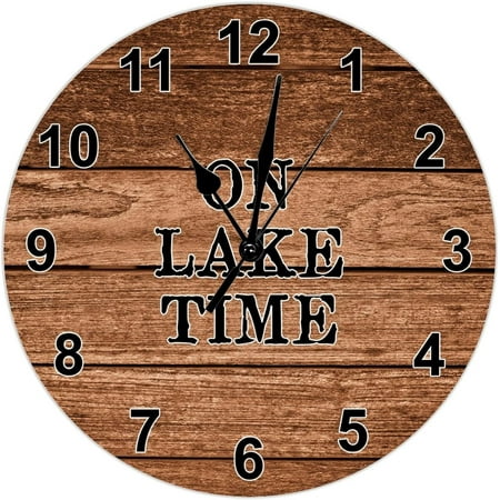 On Lake Time Wall Clock Retirement Clock Tuscan Brown Boards Wood Grain Large Wooden Wall Clocks Battery Operated 12 Inch Silent Rustic Cabin Wall Home Decor For Kitchen Bedroom Living Room Office