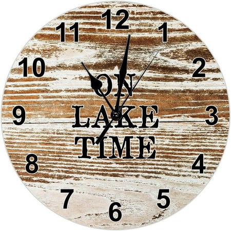 On Lake Time Wall Clock Tuscan Retirement Clock Farm Barn Wood Grain 10 Inch Wall Clocks Battery Operated Non-Ticking Rustic Cabin Wall Home Decor For Kitchen Living Room Bedroom Office