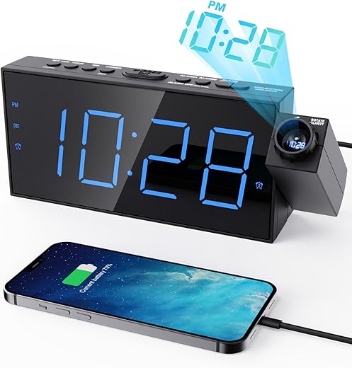 OnLyee Projection Alarm Clock for Bedroom, LED Digital on Ceiling Wall with USB Phone Charging, Battery Backup, 180° Rotatable Projector & Dimmer, 12/24H, DST, Snooze, Dual Loud Bedside Heavy Sleeper