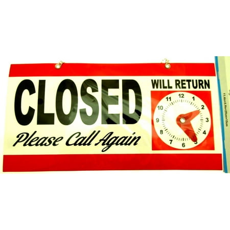 OPEN CLOSED Will Return Clock Sign with Hanger for Door Will Return - Red