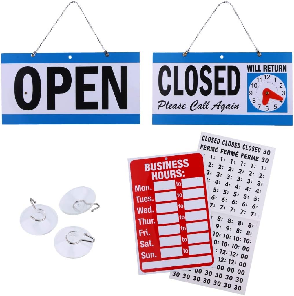 Open Signs for Business, Bundle of Office Hours Sign Will Return Clock with Suction Cups for Businesses Stores Restaurants Bars - Business Hour Closed Open Sign