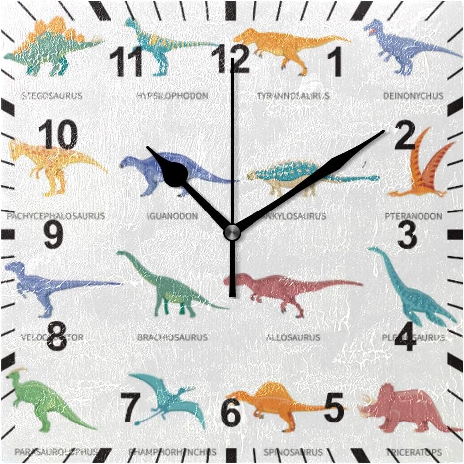 OREZI Wall Clock Dinosaur Colored Isolated Icons Silent Non Ticking Operated Round Easy to Read Wall Clocks for Kid's Bedroom Playroom Homeschool Classroom,9.5 Inches(24cm)