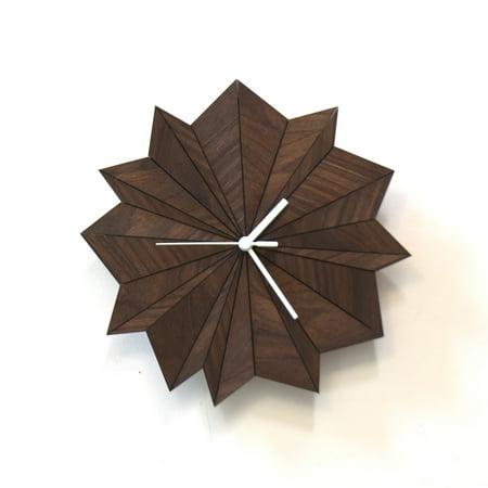 Origami Walnut - 11.5 in Wall Clock in Natural Brown Color, Handcrafted Gift, Unusual Analog Wall Decor