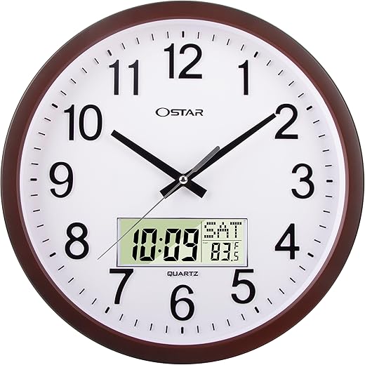 OSTAR 14" Large Analog Digital Display Wall Clock Silent Non-Ticking, Day of The Week Temperature Battery Operated Clock for Living Room Bedroom Kitchen