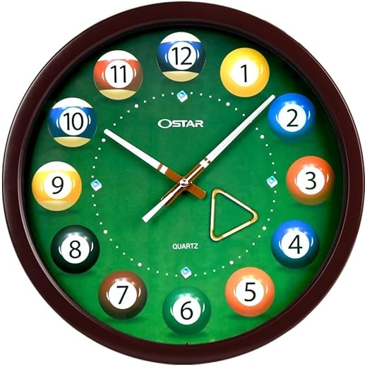 OSTAR Big Large Billiard Pool Ball Wall Clock, Battery Operated, Cue Hand, Non Ticking Quality Quartz, 14" Snooker Game