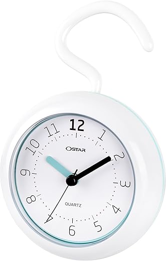 OSTAR Waterproof Bathroom Shower Clock, Analog Quartz Clock Hanging Stand Dual Purpose, One AA Battery Operated 4.72 inch Round Size