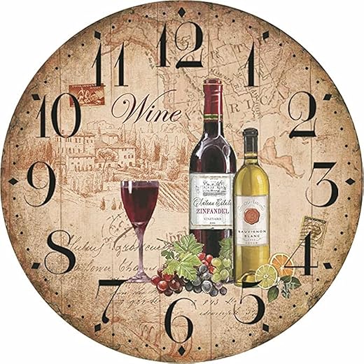 oumao 12" Retro Vintage Wine Pattern France Style Non-Ticking Silent Wooden Wall Clock Art Decoration for Kitchen/Living Room/Bedroom/Farmhouse