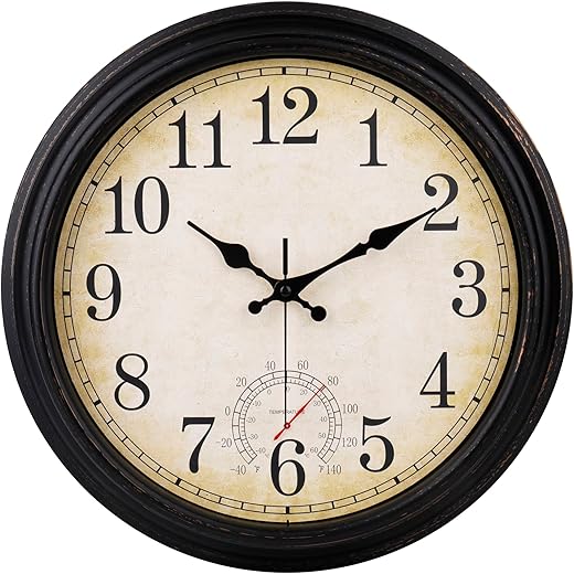 Outdoor Clock 16 Inch Large Wall Clocks Waterproof with Thermometer for Living Room Patio Pool Garden (Bronze)