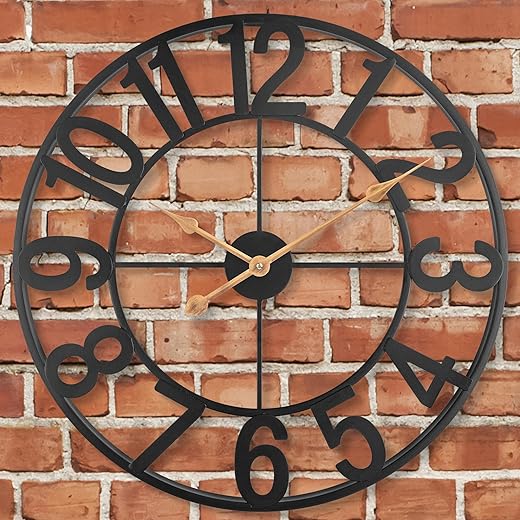 Outdoor Wall Clock, 24 Inch Large Outside Clocks Battery Operated Silent Non-Ticking, Industrial Modern Farmhouse Metal Arabic Numerals Wall Clocks for Living Room, Kitchen, Patio, Pool Decor - Black