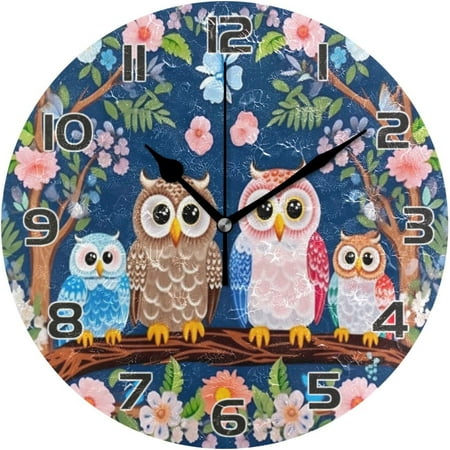 Owls Family Floral Tree Wall Clock Round Vintage Silent Non Ticking Battery Operated Accurate Arabic Numerals Design for Home Kitchen Living Room Bedroom 10 Inch Home Decor