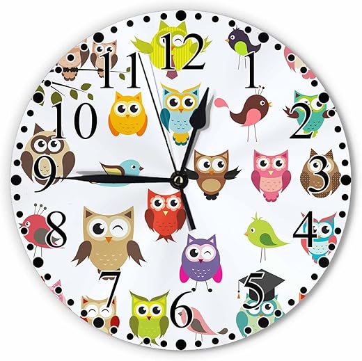 Owls Wall Clock 10 Inch Battery Operated Color Cute Cartoon Owls and Birds Clock Silent Non-Ticking Modern Clocks Decorative for Home Kitchen Living Room Bathroom Office