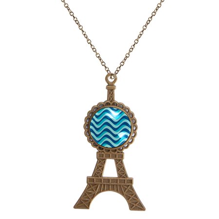 OWNMEMORY Nautical Wave Stripe Pattern Antique Bronze Eiffel Tower Necklace with Circular Glass Pattern - Statement Jewelry Piece