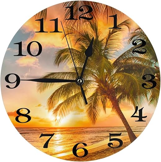 Palm Tree and Tropical Beach Wall Clock Battery Operated Silent Round Clock Sunset Over The sea Wall Decor for Home Office School, 12 Inch