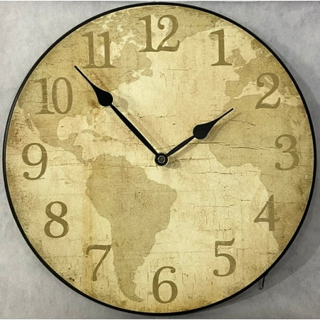 Parchment World Map Wall Clock| Beautiful Color, Silent Mechanism, Made in USA