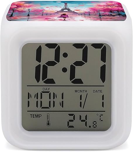 Paris Eiffel Tower Painting Alarm Clock Durable Digital Clock Multi-Function LED Clock for Bedroom Home Office