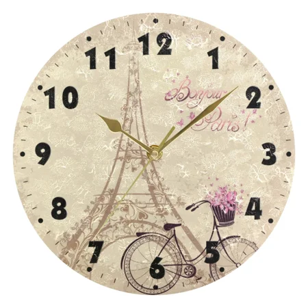 Paris Eiffel Tower Round Wall Clocks French Style Silent Wall Hanging Watch 25cm Wooden Clock for Living Room