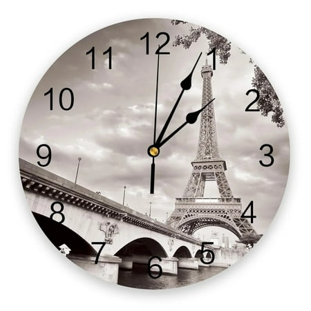 Paris Eiffel Tower Umbrella Living Room Clock Wall Round Clocks Home Bedroom Kitchen ration Silent Wall Clocks