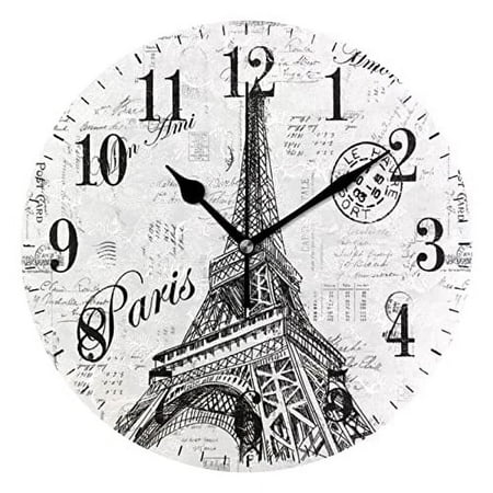 Paris Eiffel Tower Wall Clock, Silent Non Ticking 10 Inch Battery Operated Wall Clocks, Easy to Read Clock for Home Kitchen Living Room Bathroom Office Decor