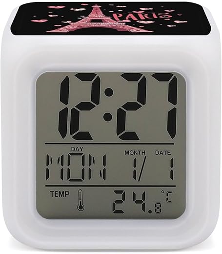 Paris France Eiffel Tower Souvenir Alarm Clock for Bederoom Digital Clock with 7 Color Night Light Bedside Desk Clock