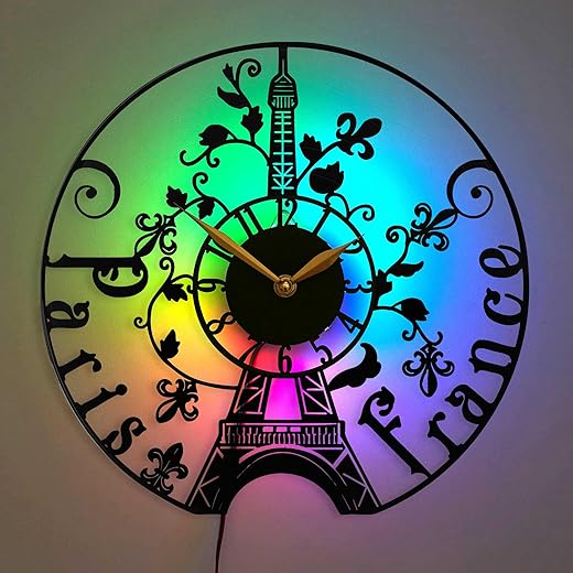 Paris Wall Clock with Led Light, Eiffel Tower Decor, Gift Idea, Black Vinyl Record