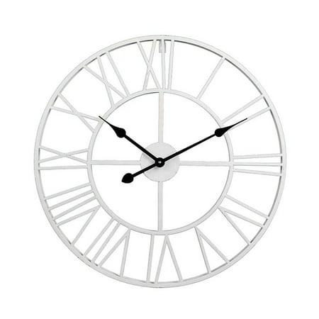 PATKAW 60CM Wrought Iron Clock Vintage European Style Roman Numerals Wall Clock Household Bedroom Hanging Bar Decor without Battery （White）