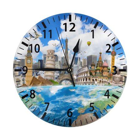 PAYOHTO 10''Wall Clock Famous Landmarks of the World, Frameless Battery Operated Silent Non-Ticking Electronic Clock for Office Living Room Bedroom