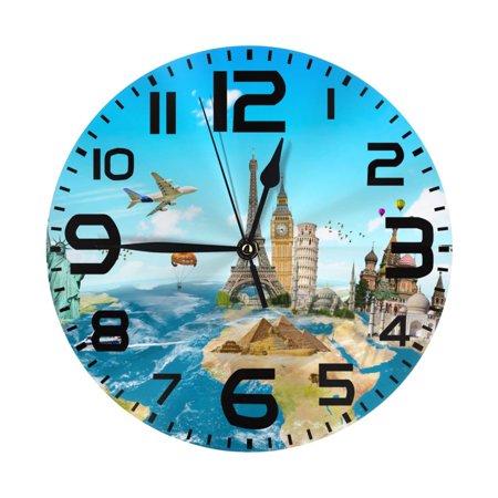 PAYOHTO 10''Wall Clock Famous Monuments of the World, Frameless Battery Operated Silent Non-Ticking Electronic Clock for Office Living Room Bedroom