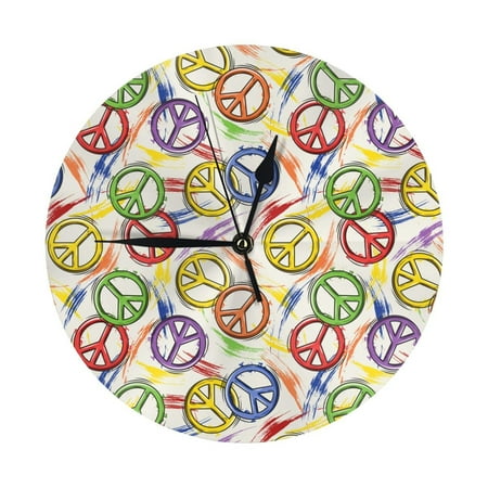 peace sign hippie style Wall Clock Silent Non Ticking - 10 Inch Battery Operated Modern Clocks for Living Room Bedroom Kitchen Bathroom Office Classroom, Decorative Clocks