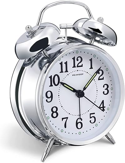 Peakeep 4 inches Twin Bell Loud Alarm Clock for Heavy Sleepers (Chrome Finish)