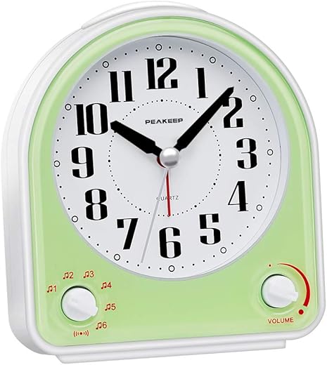 Peakeep Analog Alarm Clock Non-Ticking Silent, Optional 7 Wake-up Sounds with Volume Control, Nightlight and Snooze, AA Battery Operated (Green)