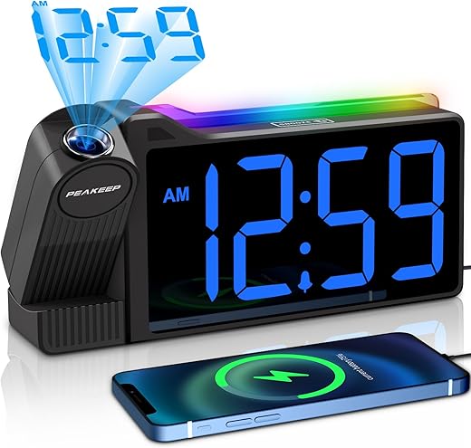 Peakeep Digital Clock, Nightlight Projection Alarm Clock for Bedroom Ceiling, LED Plug in Electric Bedside Clock USB Charger, Battery Backup, Large Numbers Loud Alarm Clock for Heavy Sleepers (Blue)