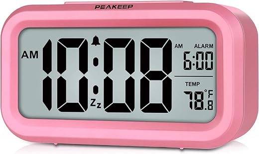 Peakeep Night Light Alarm Clock Battery Operated with Indoor Temperature, Desk Digital Clock for Kids Girls Bedrooms (Pink)