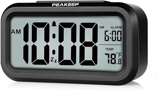 Peakeep Night Light Digital Alarm Clock Battery Operated with Indoor Temperature, Desk Small Clock (Black)