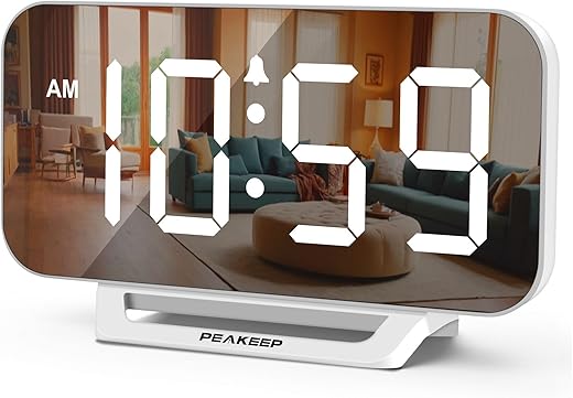 Peakeep Small Digital Alarm Clock for Desk, Plug in Electric Large Numbers Clock Battery Backup for Bedrooms, Loud for Heavy Sleepers - Slim Clock for Table Office Modern Living Room (White)