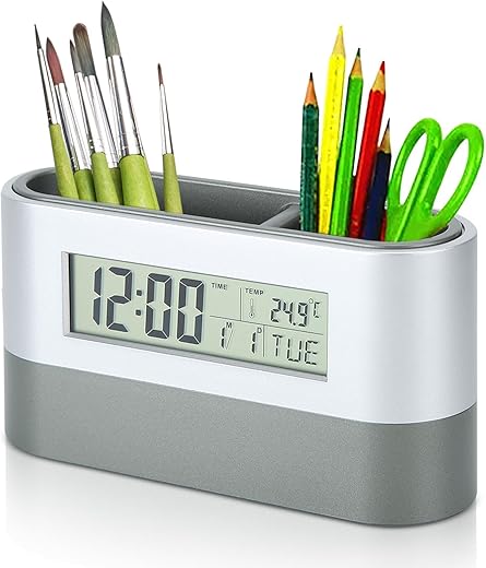 Pencil Holder, Pen Holder with Digital LCD Clock Calendar Timer Temperature Display for Home Office Desktop Pencil Cup Electronic Pencil Cup Multifunctional LED Desk Clock 15 x 4.7 x 8cm